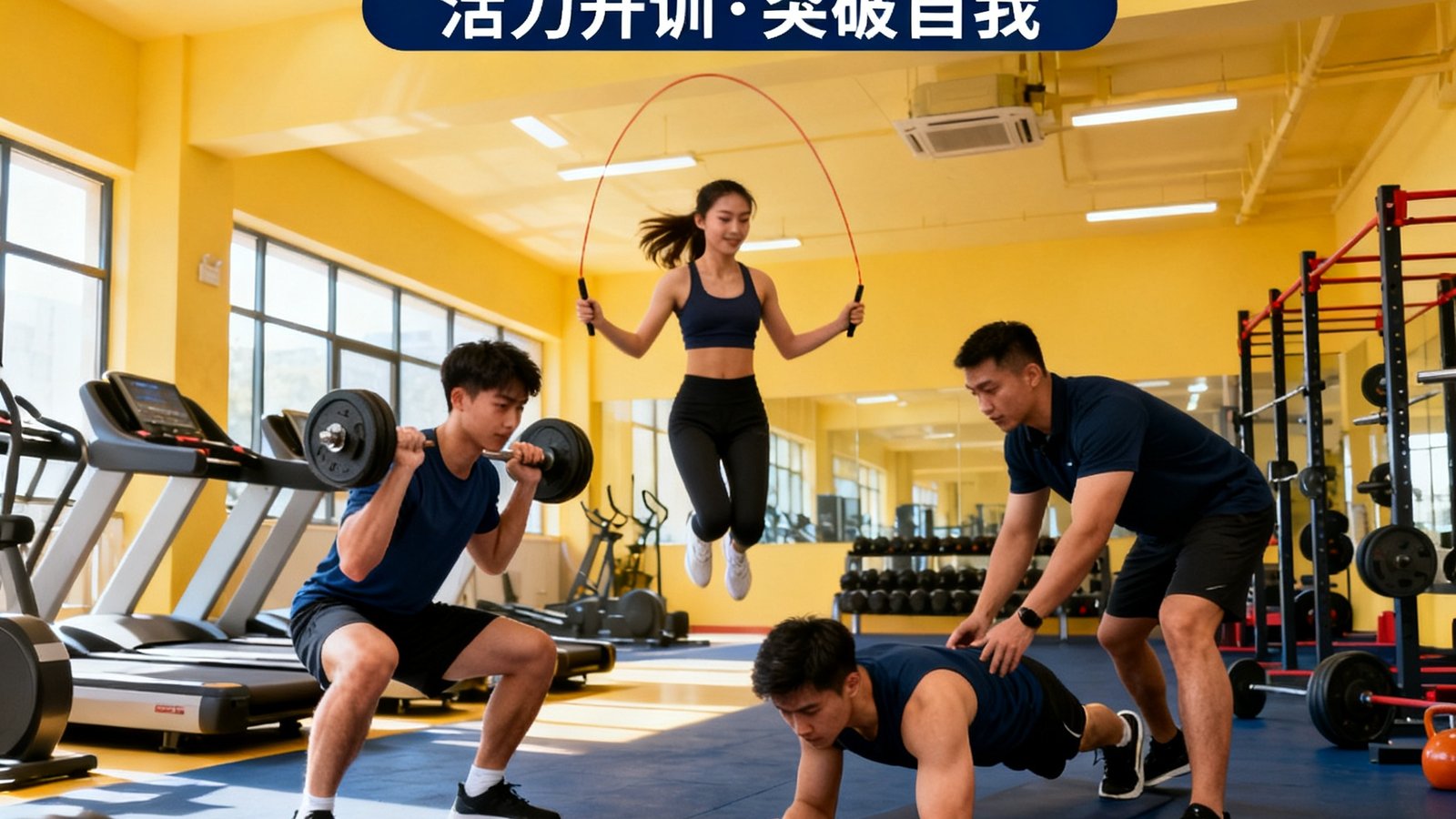 冬季训练营宣传海报，展示年轻运动员在室内训练馆进行体能训练的活力场景
